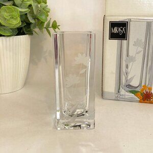 Wildflower Etched Square Glass Bud Vase 4.5 inch By Mikasa Lead Crystal